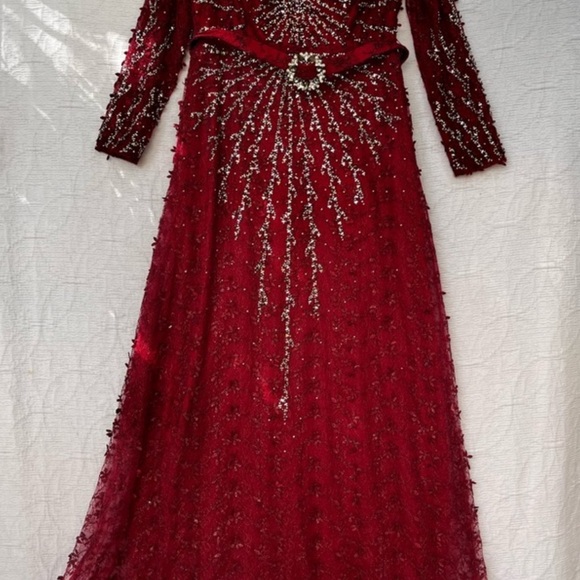 Vintage Beaded Red Gown Maxi Rhinestone Belted Dress 50 Whimsicore - Picture 13 of 14